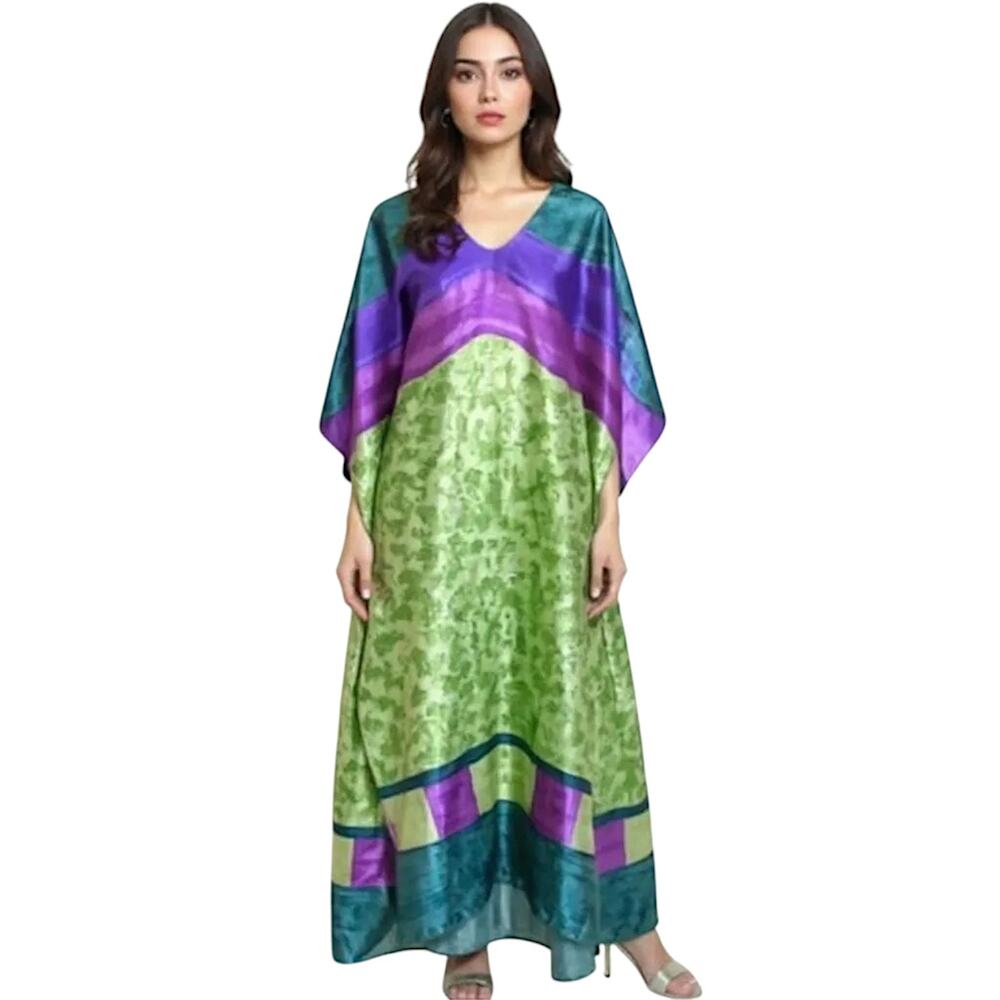 Luxell Kaftan Maxi Dress Women's Size OS Multicolor Satin Half Sleeve Pull Over
